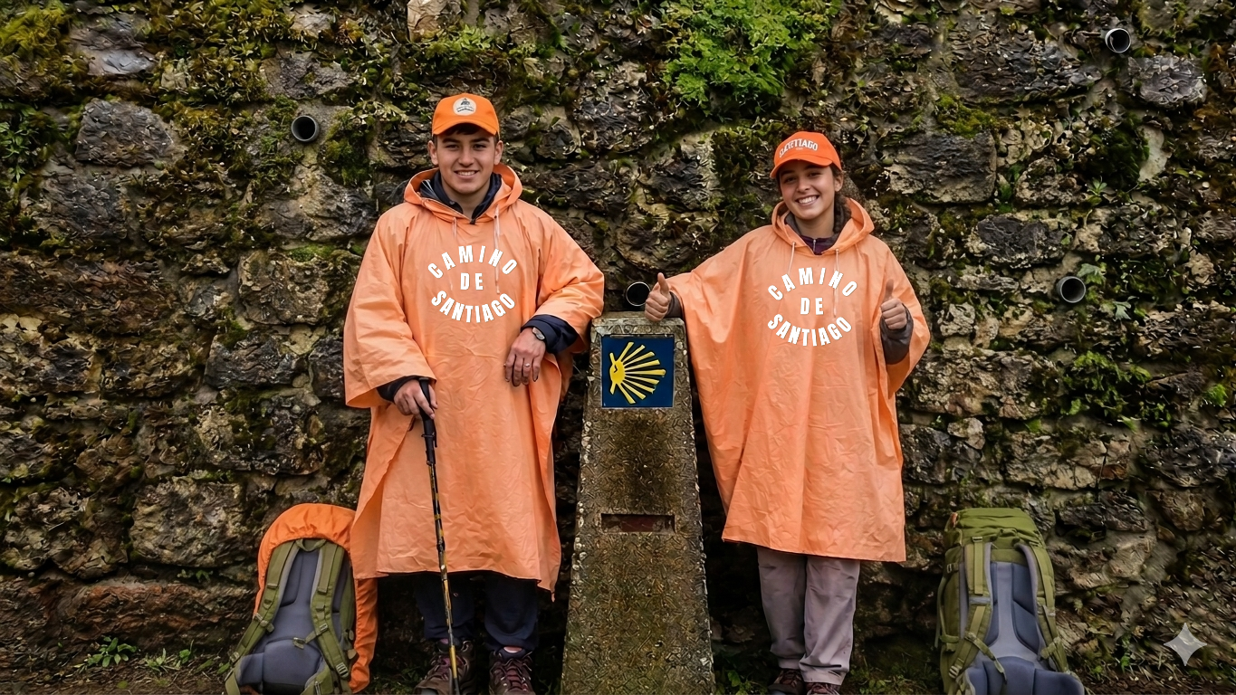 Peregrinos con poncho naranja FLF en el Camino